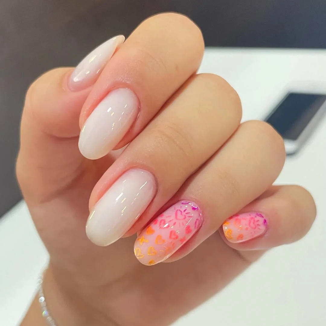 neon summer nails 2026 Soft Milky Almond Nails with Neon Heart Confetti