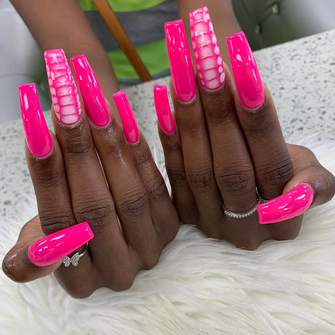 neon summer nails 2026 Hot Pink Acrylic Nails with White Croc Accent Art