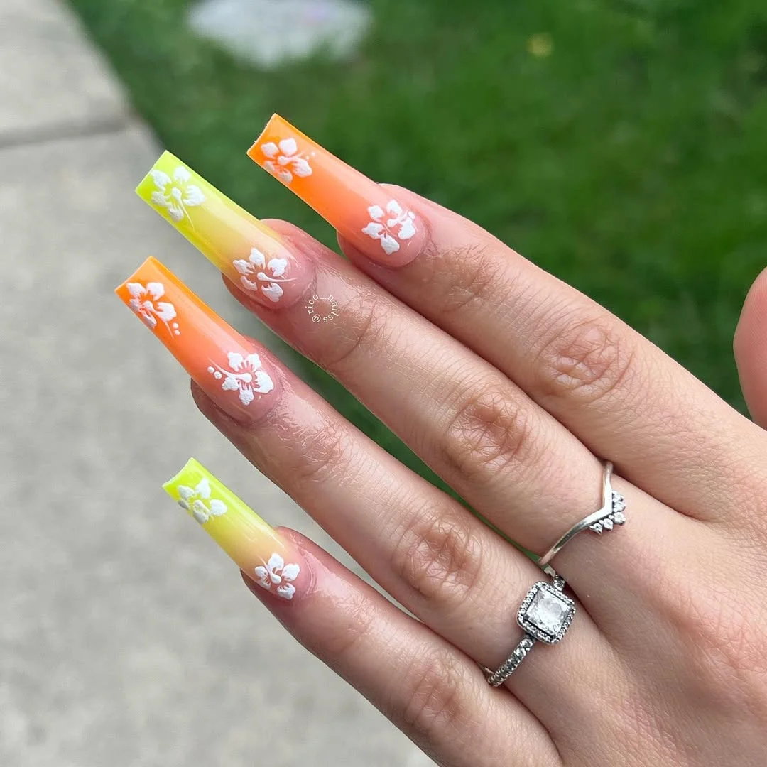neon summer nails 2026 Neon Gradient Acrylic Tips with White Floral Art