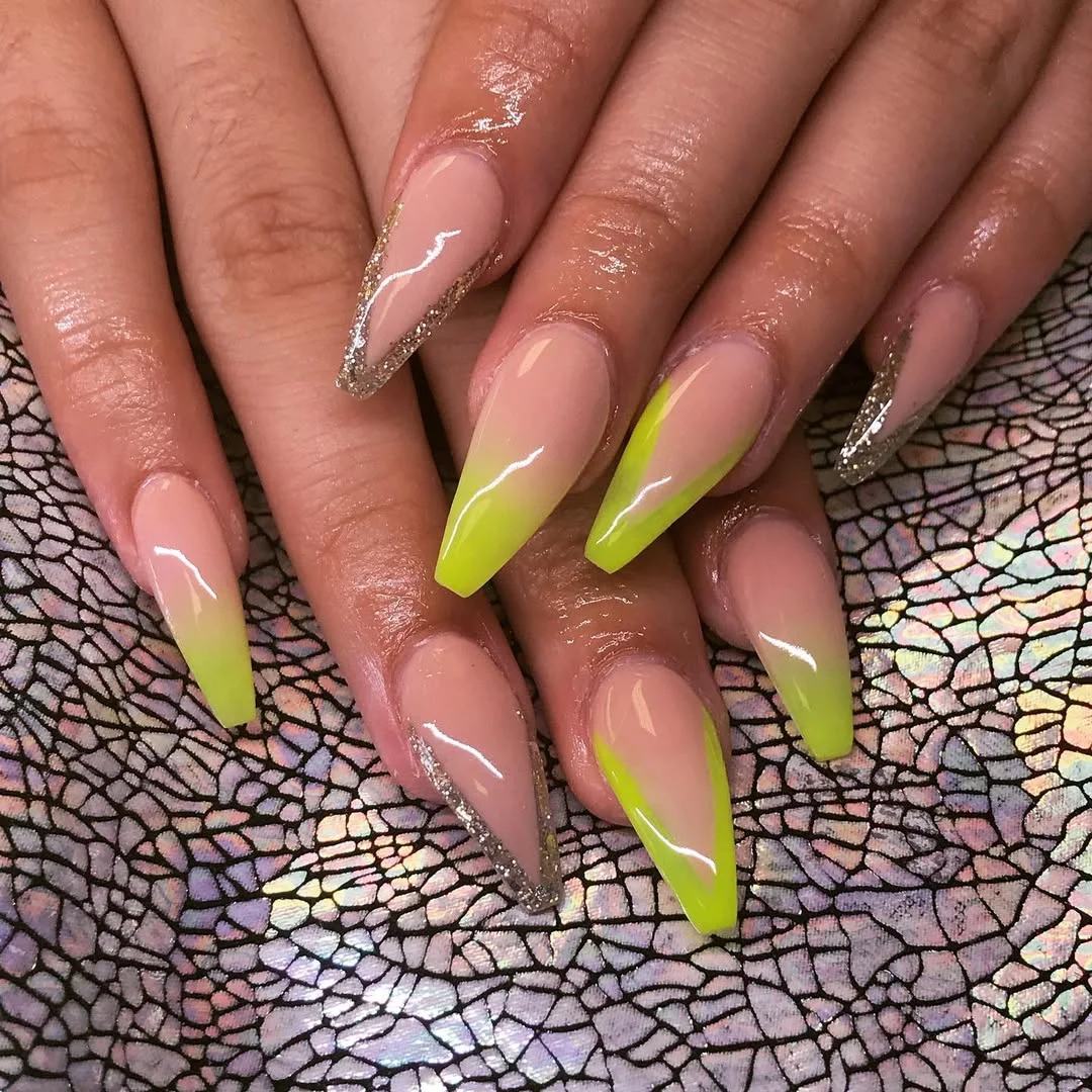 neon summer nails 2026 Neon Lime Ombre Stiletto Nails with Silver Glitter Tips