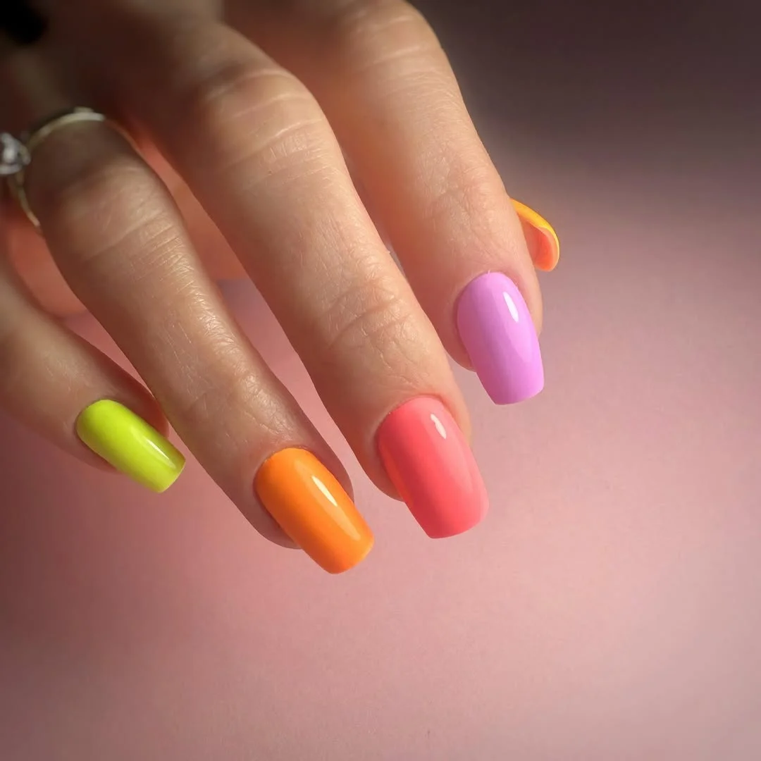 neon summer nails 2026 Neon Skittle Square Nails in Citrus and Candy Shades