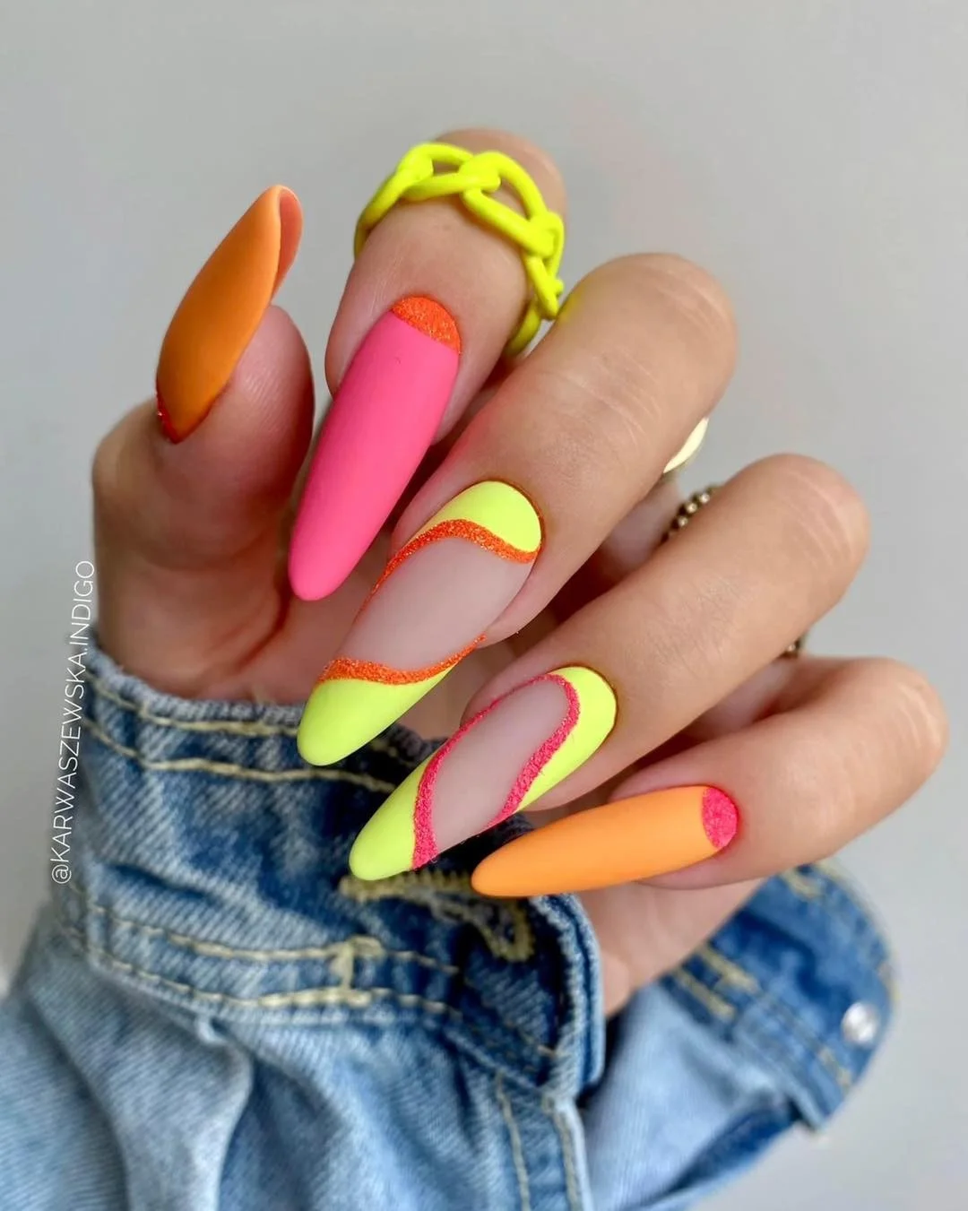 neon summer nails 2026 Matte Neon Stiletto Nails with Curved Color Blocking