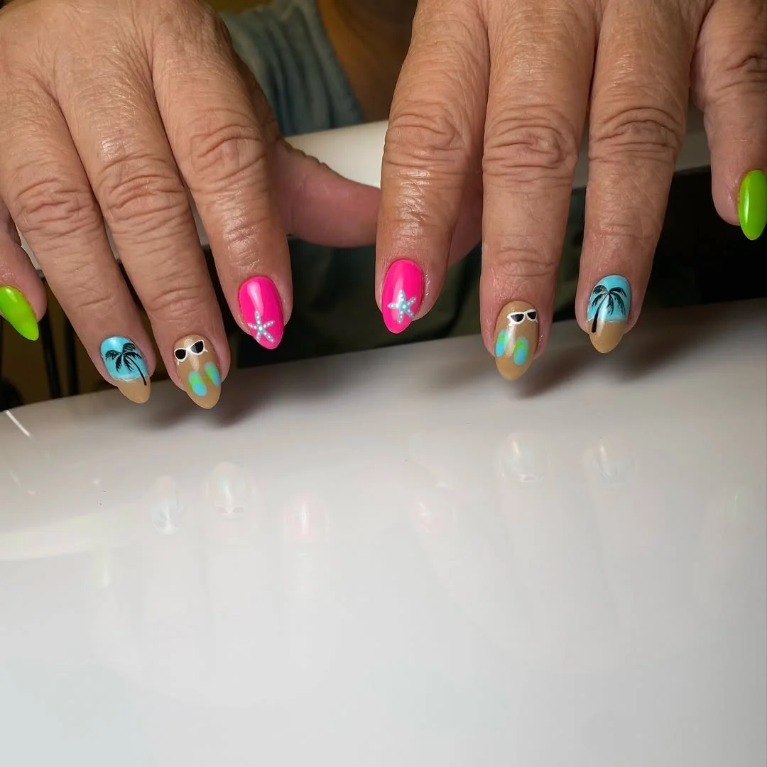 neon summer nails 2026 Tropical Neon Vacation Nails with Palm Tree Art