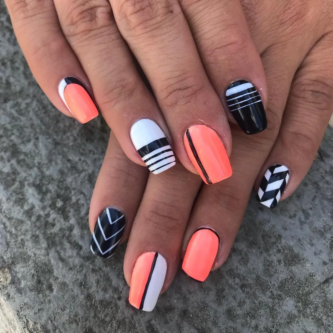 neon summer nails 2026 Neon Coral Black and White Graphic Square Nails
