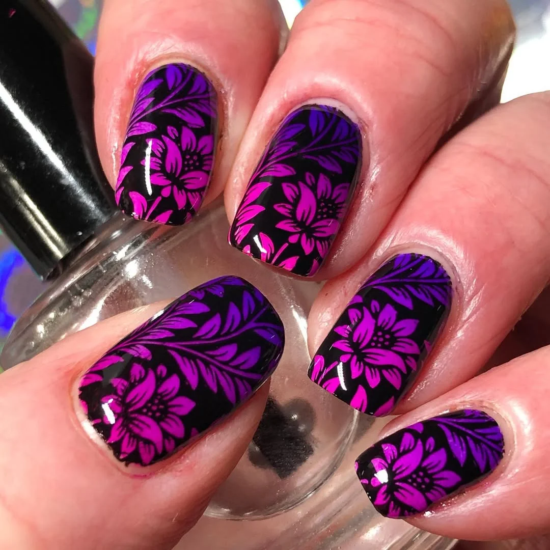 neon summer nails 2026 Black and Purple Neon Floral Nails