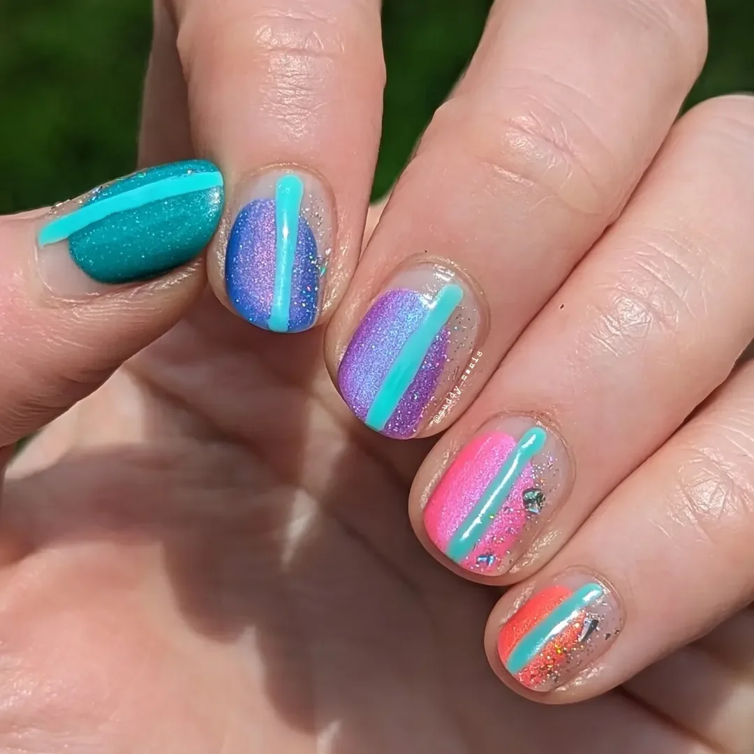 neon summer nails 2026 Short Neon Blue and Pink Glitter Stripe Nails