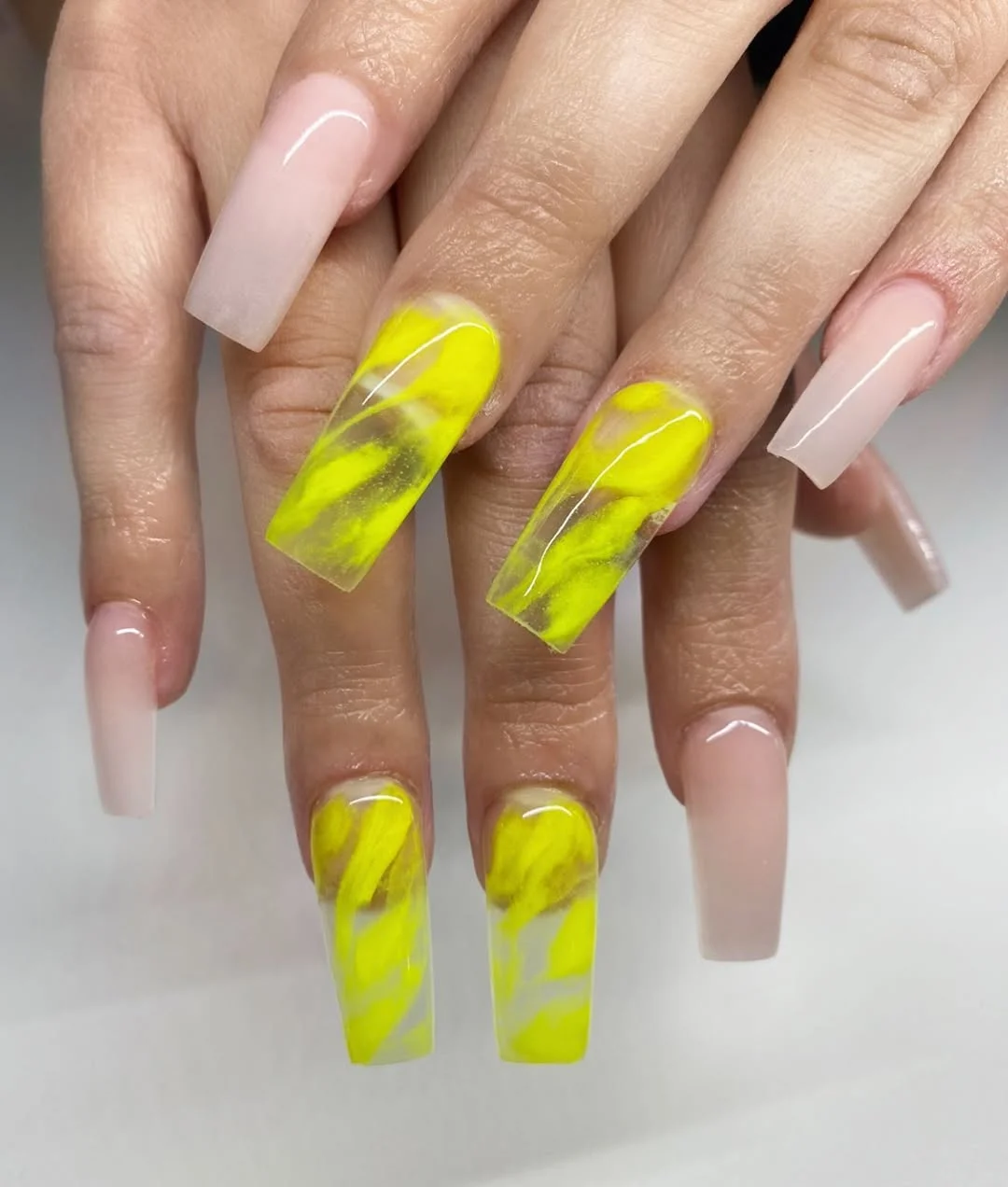 neon summer nails 2026 Neon Yellow Marble Square Acrylic Nails