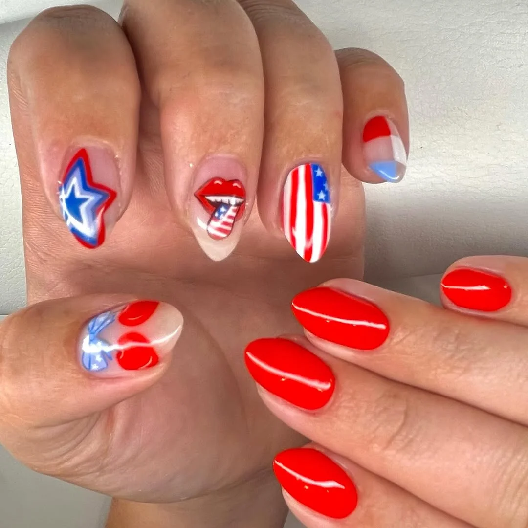 patriotic nails 2026 Glossy Red Meets Pop-Art Americana