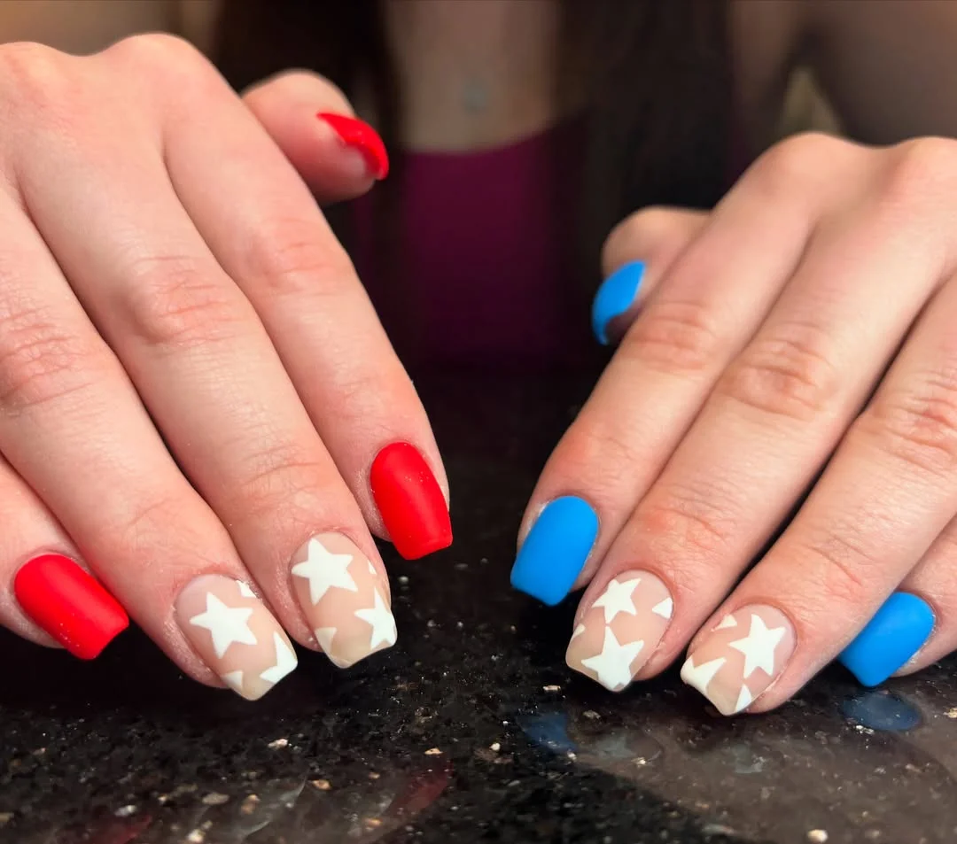 patriotic nails 2026 Matte Red and Blue With Soft White Stars