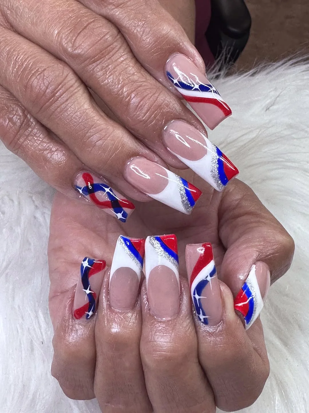 patriotic nails 2026 Long French Tips With Red White Blue and Silver Lines