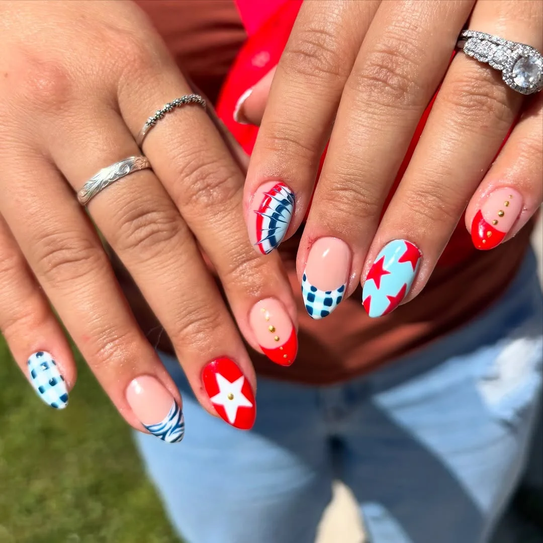 patriotic nails 2026 Mixed Americana Nails With Checkered Tips and Gold Studs