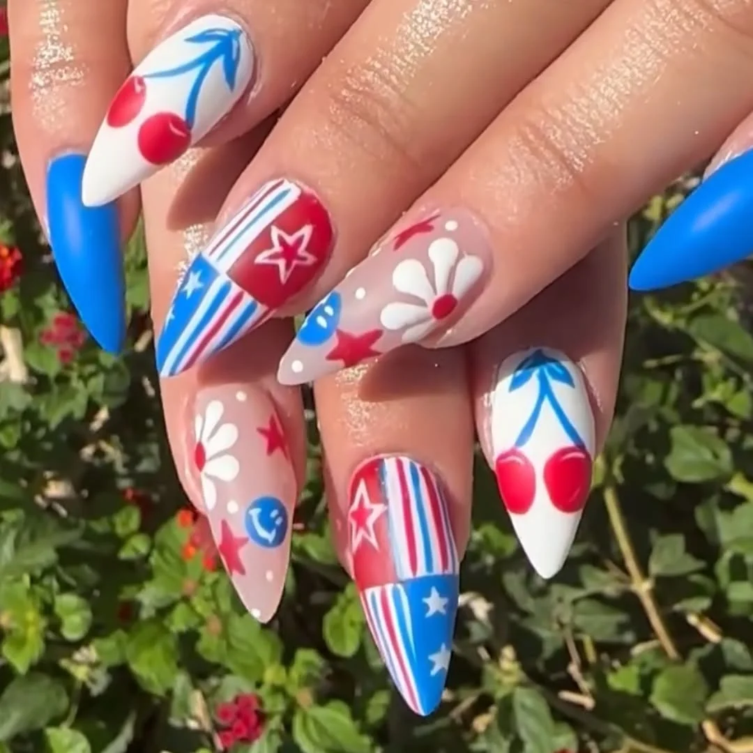 patriotic nails 2026 Cherry Americana Stiletto Nails With Florals and Stripes