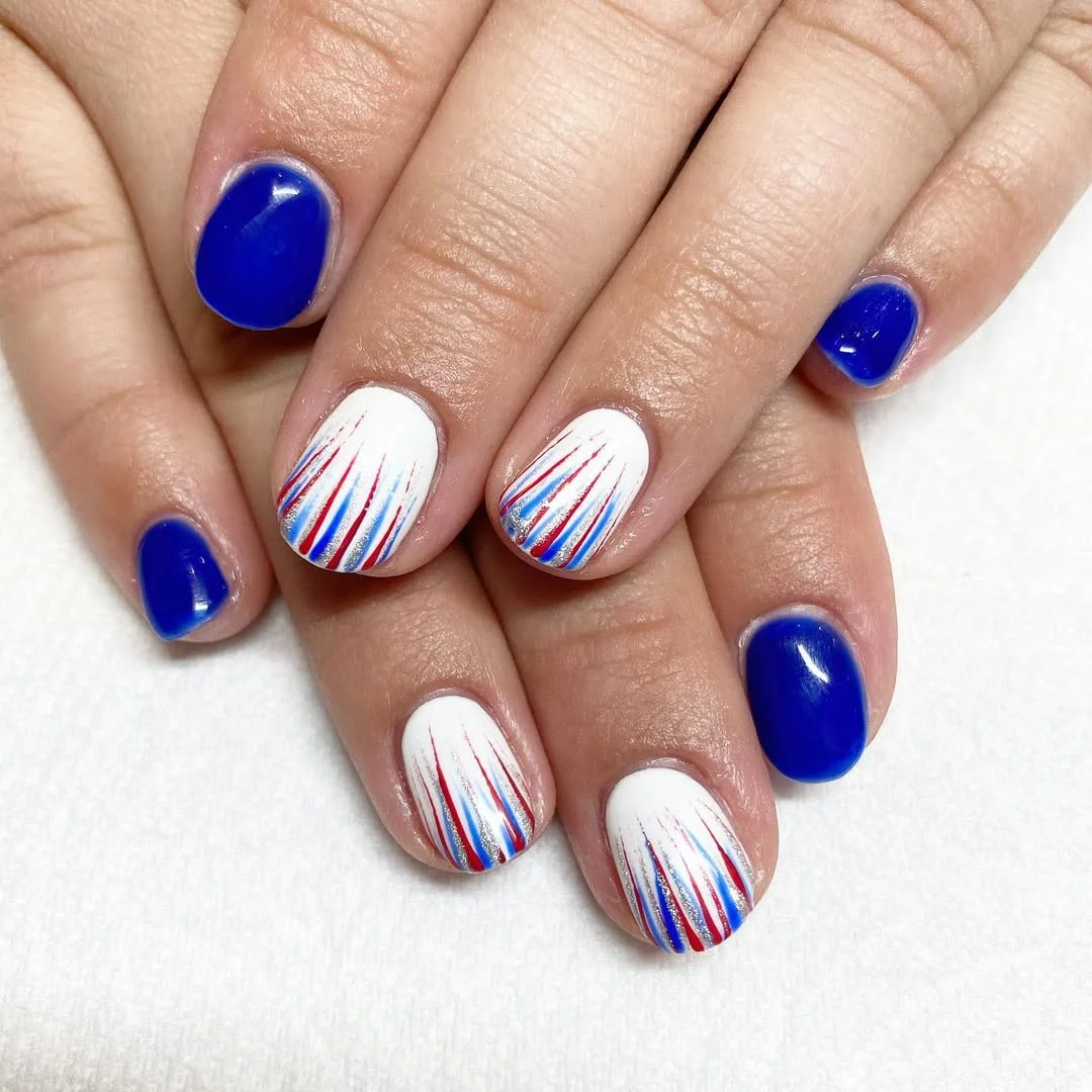 patriotic nails 2026 Royal Blue Short Nails With Firework Line Accents