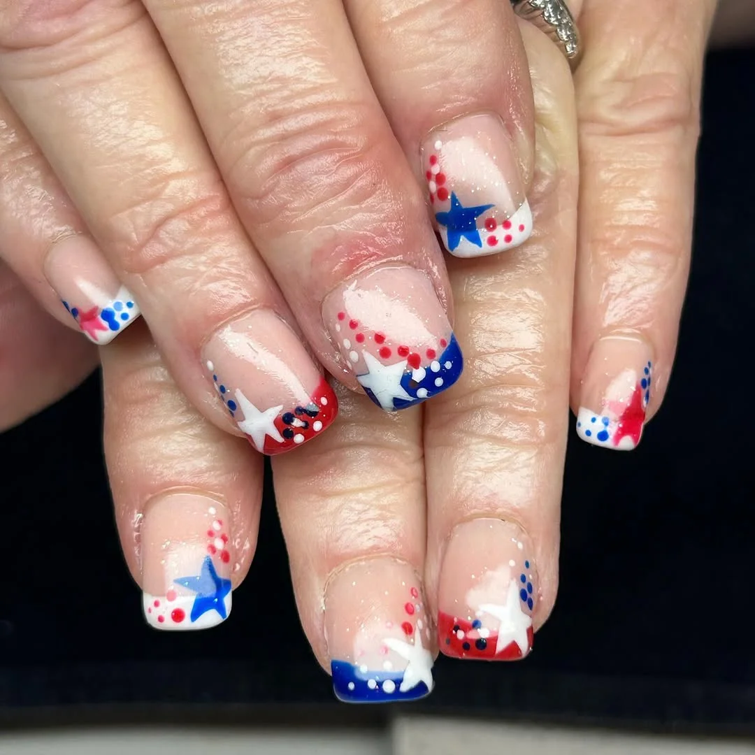 patriotic nails 2026 Short French Tips With Stars Dots and Red-Blue Corners