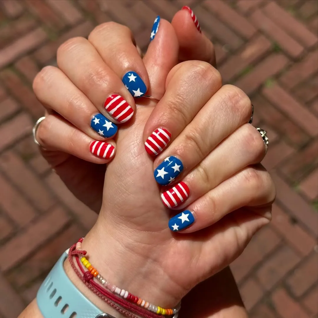 patriotic nails 2026 Classic Stars and Stripes on Short Rounded Nails