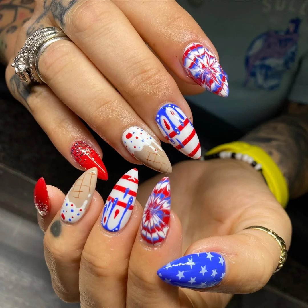patriotic nails 2026 Fireworks Ice Cream and Starry Stiletto Nails