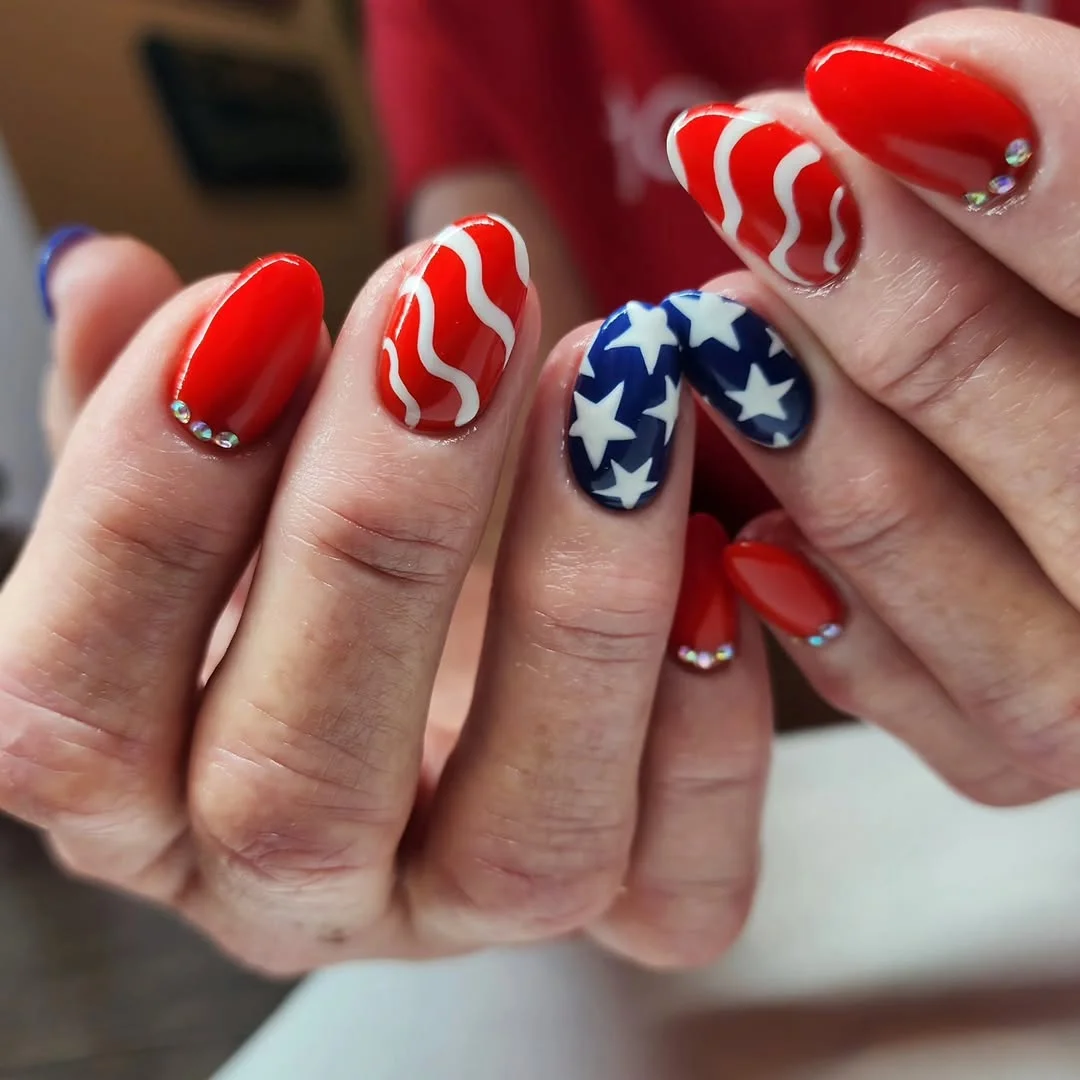 patriotic nails 2026 Bold Flag Waves With Rhinestone Sparkle