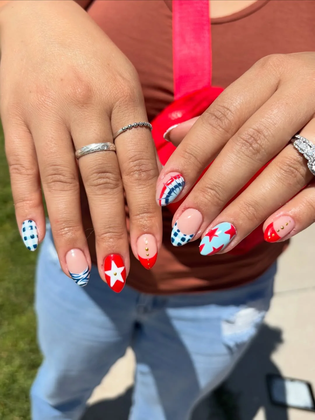 patriotic nails 2026 Checkered French Tips and Star-Spangled Almond Nails