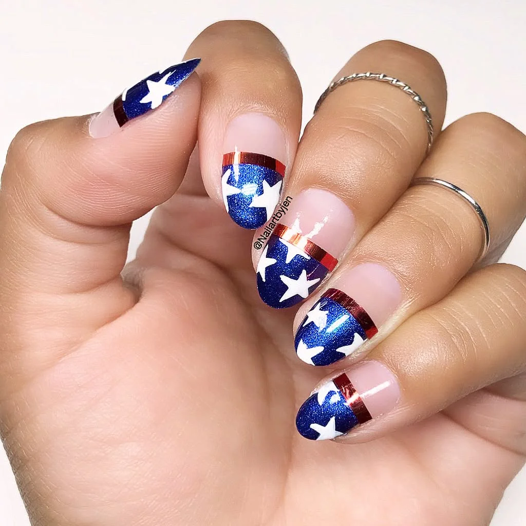 patriotic nails 2026 Metallic Star French Tips With a Navy Sparkle