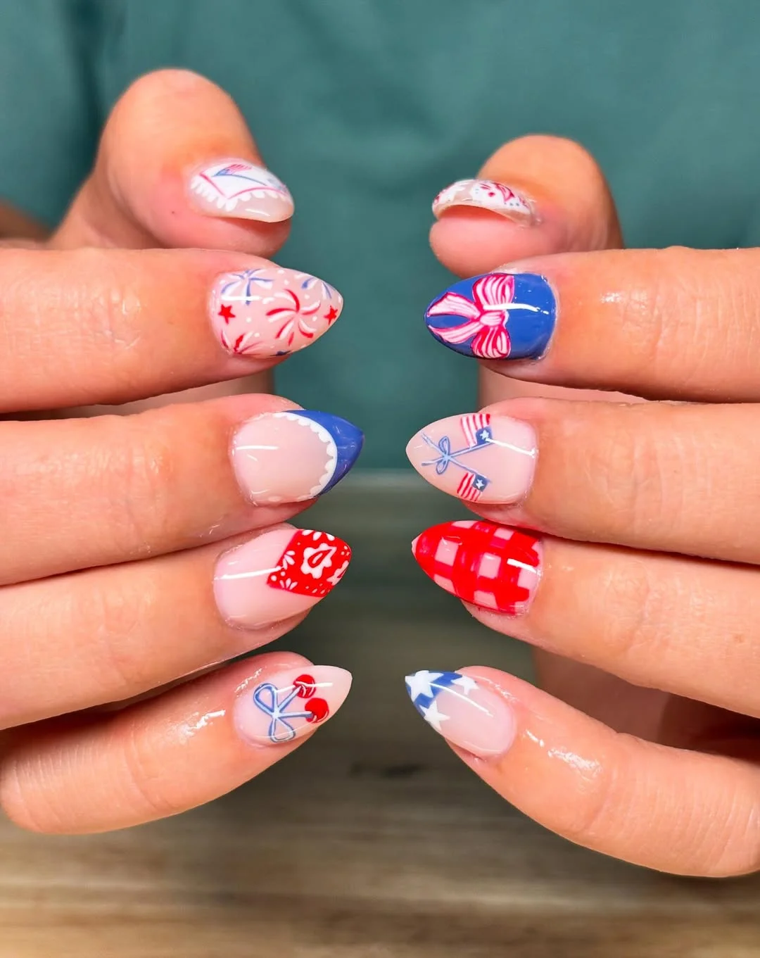 patriotic nails 2026 Playful Picnic French Tips With Bows and Stars
