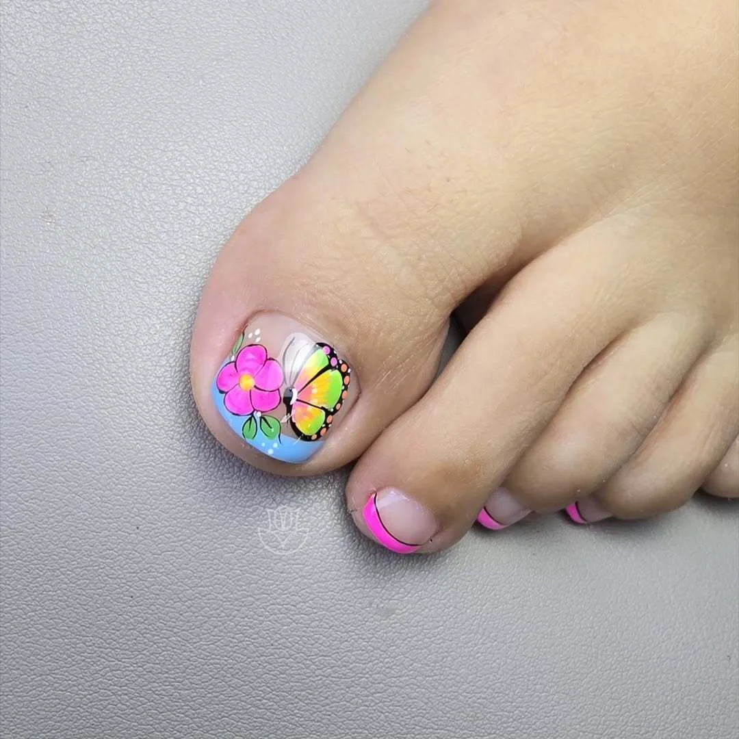 pedicure ideas - summer trends 2026 Butterfly Accent Pedicure With Neon Pink French Tips