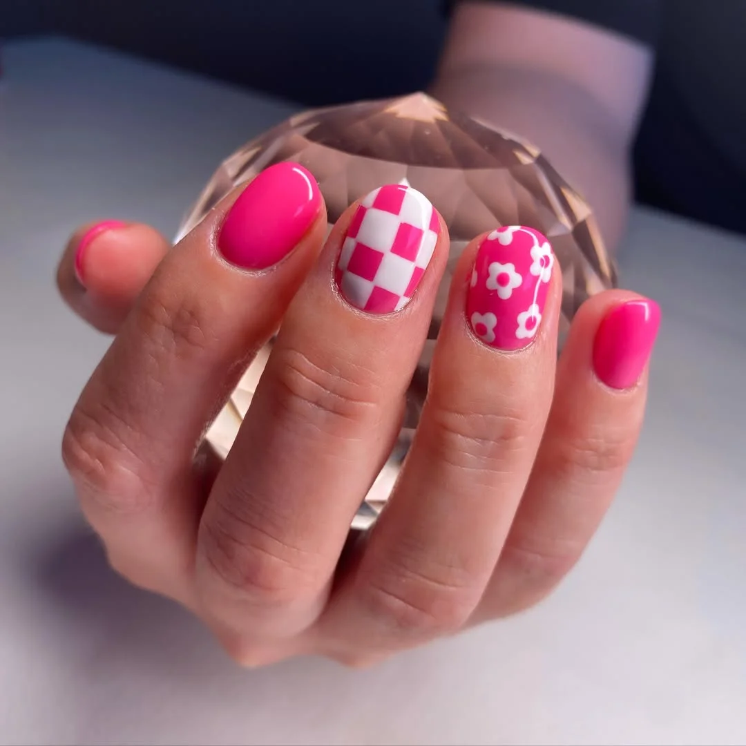pink summer nails 2026 Hot Pink Picnic Checks With Tiny White Flowers