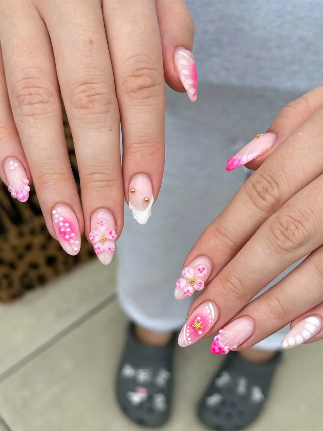 pink summer nails 2026 Pink Almond Nails With Pearls, Petals And White Tips