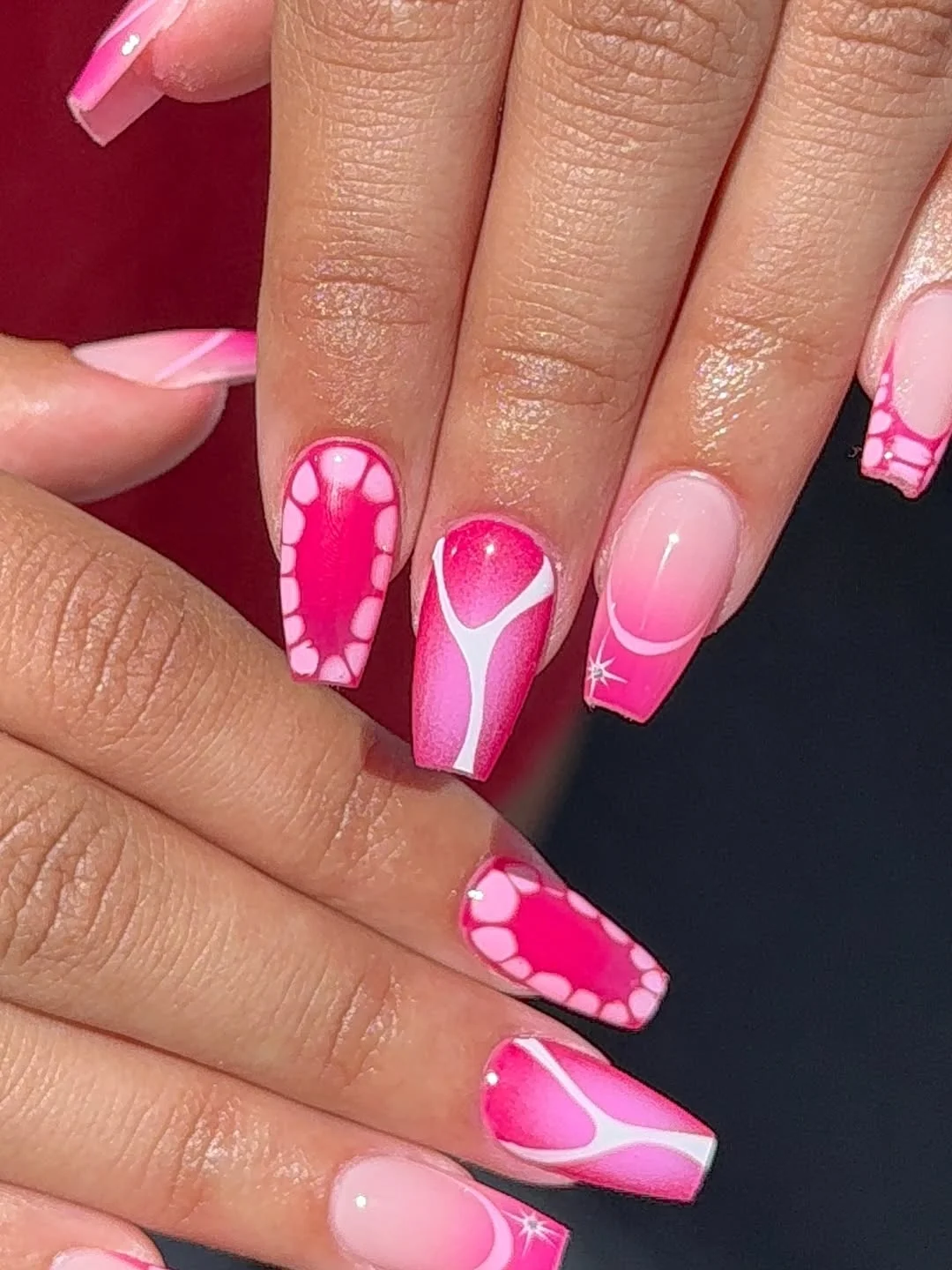 pink summer nails 2026 Hot Pink Square Nails With Graphic White Curves