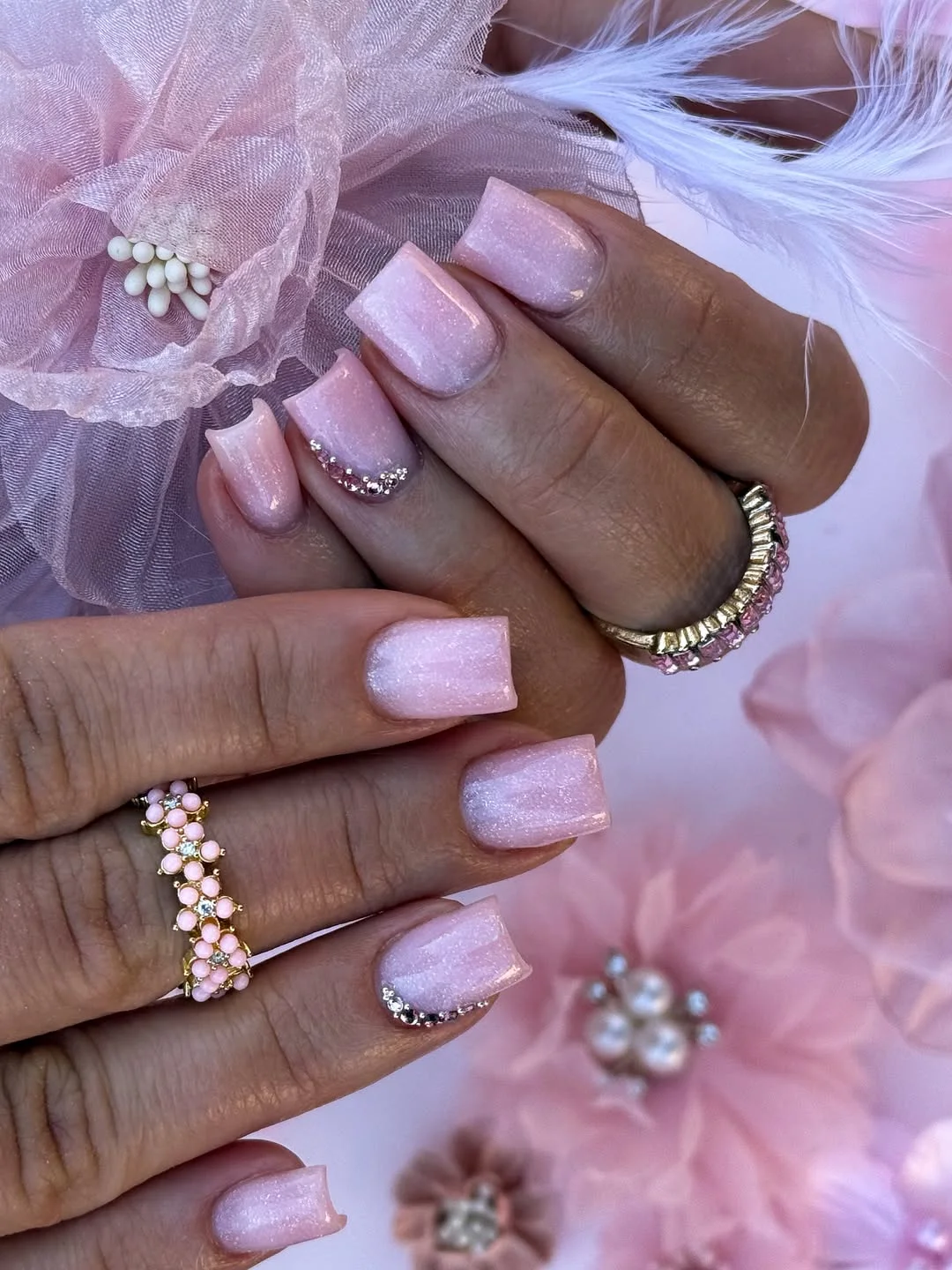 pink summer nails 2026 Soft Pink Square Nails With Sugar Shimmer And Rhinestones