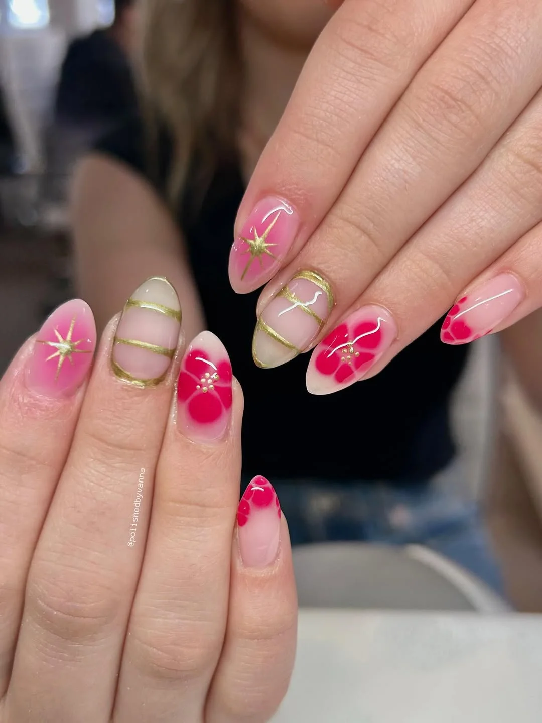 pink summer nails 2026 Blush Almond Nails With Pink Petals And Green Gold Lines