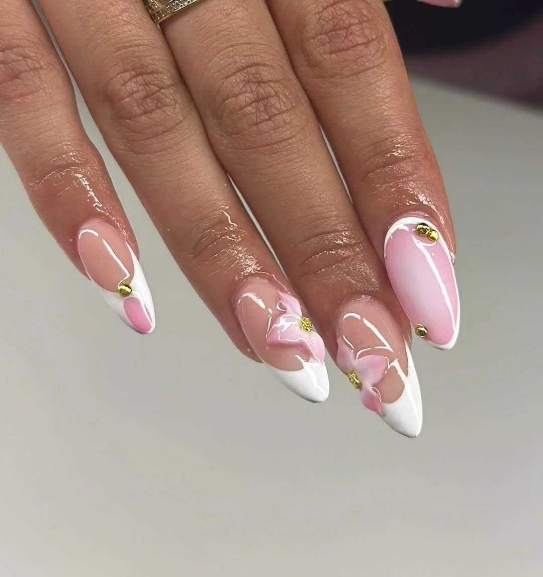 pink summer nails 2026 White French Almond Nails With Soft Pink Petal Accents