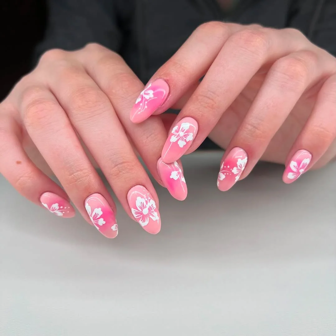 pink summer nails 2026 Soft Pink Almond Nails With White Summer Florals