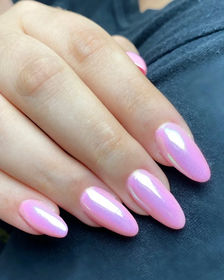 pink summer nails 2026 Iridescent Pink Almond Nails With A Pearl Glow