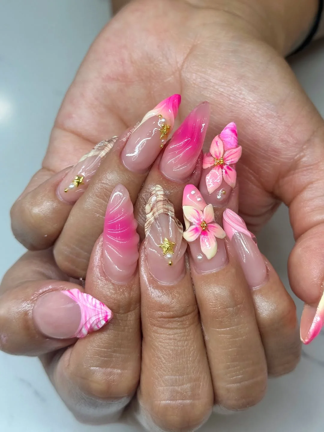 pink summer nails 2026 Tropical Pink French Tips With Shells And 3D Flowers