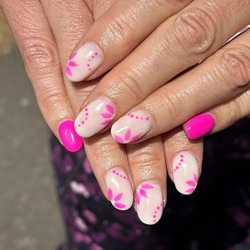pink summer nails 2026 Milky Square Pink Nails With Soft Floral Dots