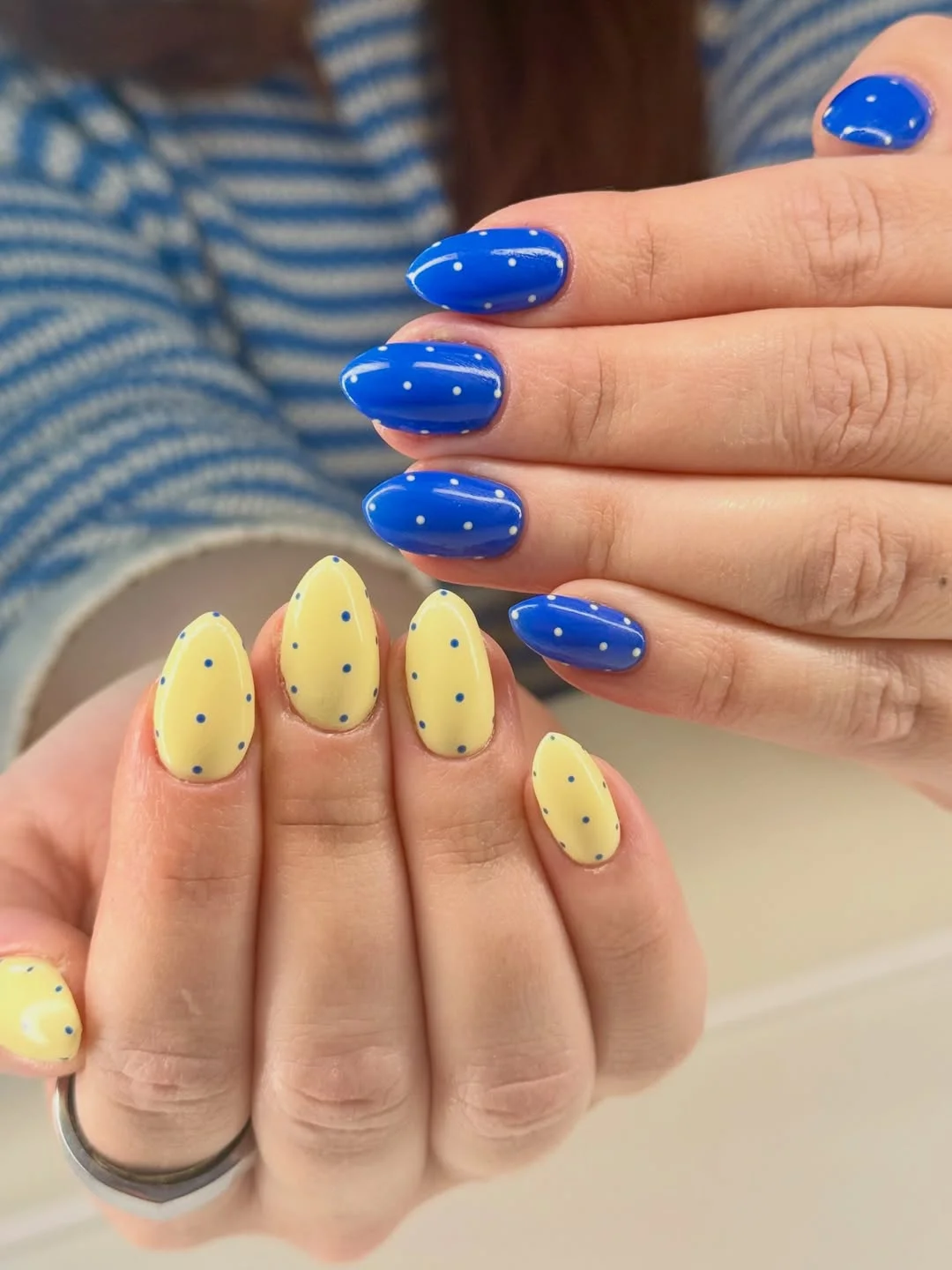 polka dot summer nails 2026 Blue And Butter Yellow Dots With A Clean Two-Tone Finish