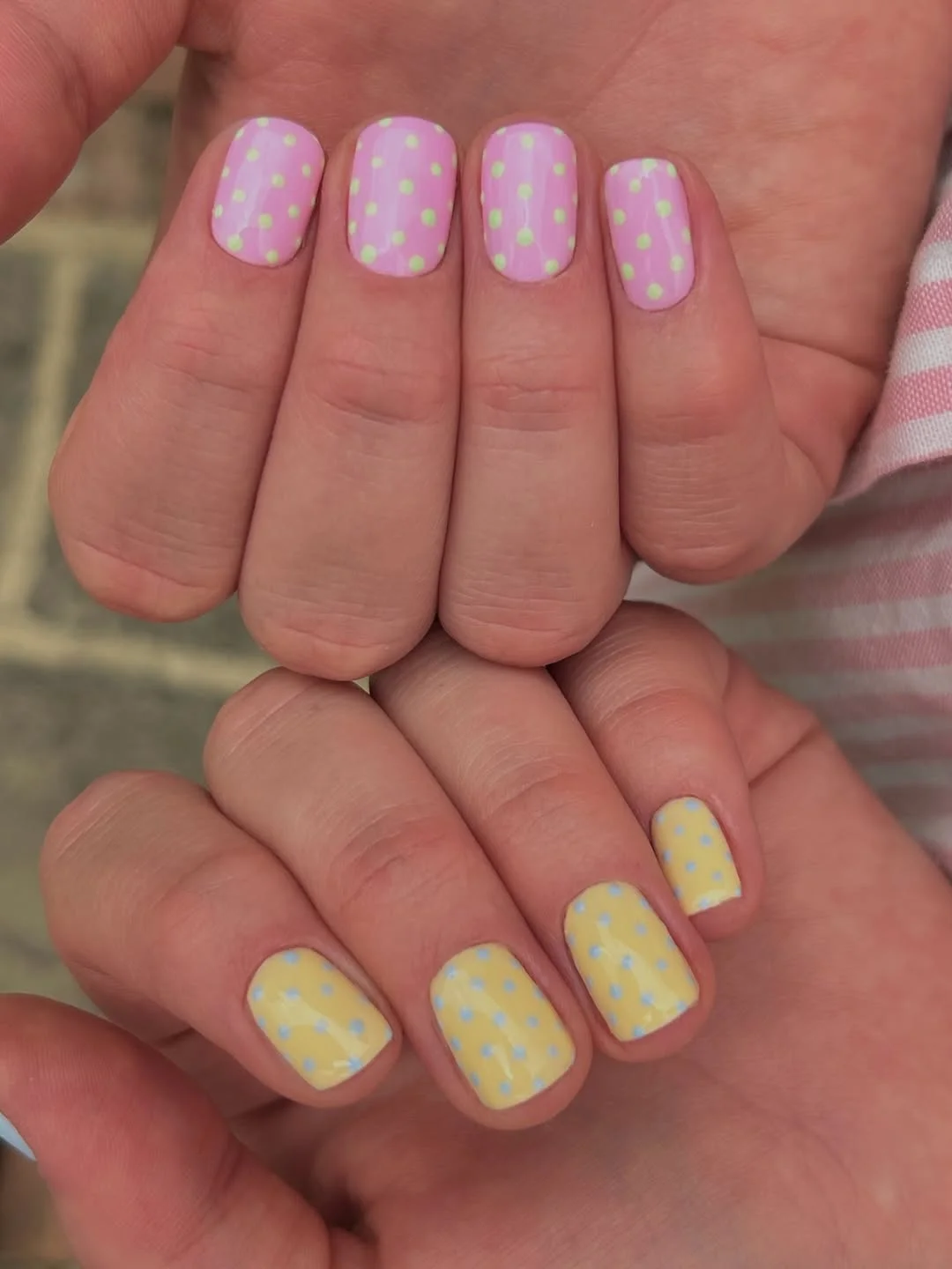 polka dot summer nails 2026 Pastel Pink And Soft Yellow Dots For A Sweet Short Summer Look