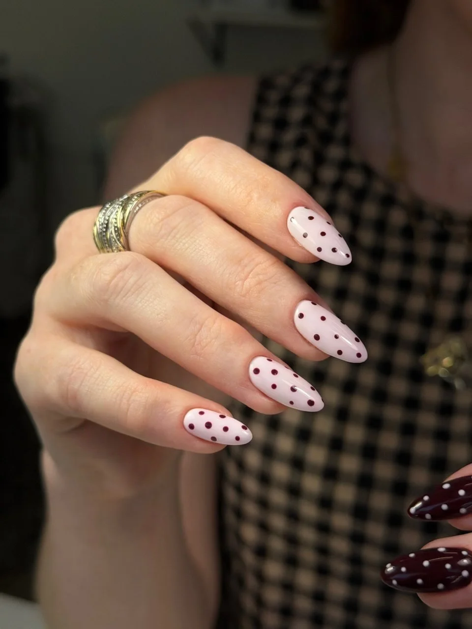 polka dot summer nails 2026 Blush Almond Nails With Deep Berry Polka Dots