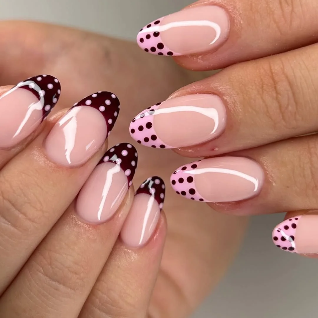 polka dot summer nails 2026 Soft Pink And Burgundy Polka Dot French For A Chic Twist