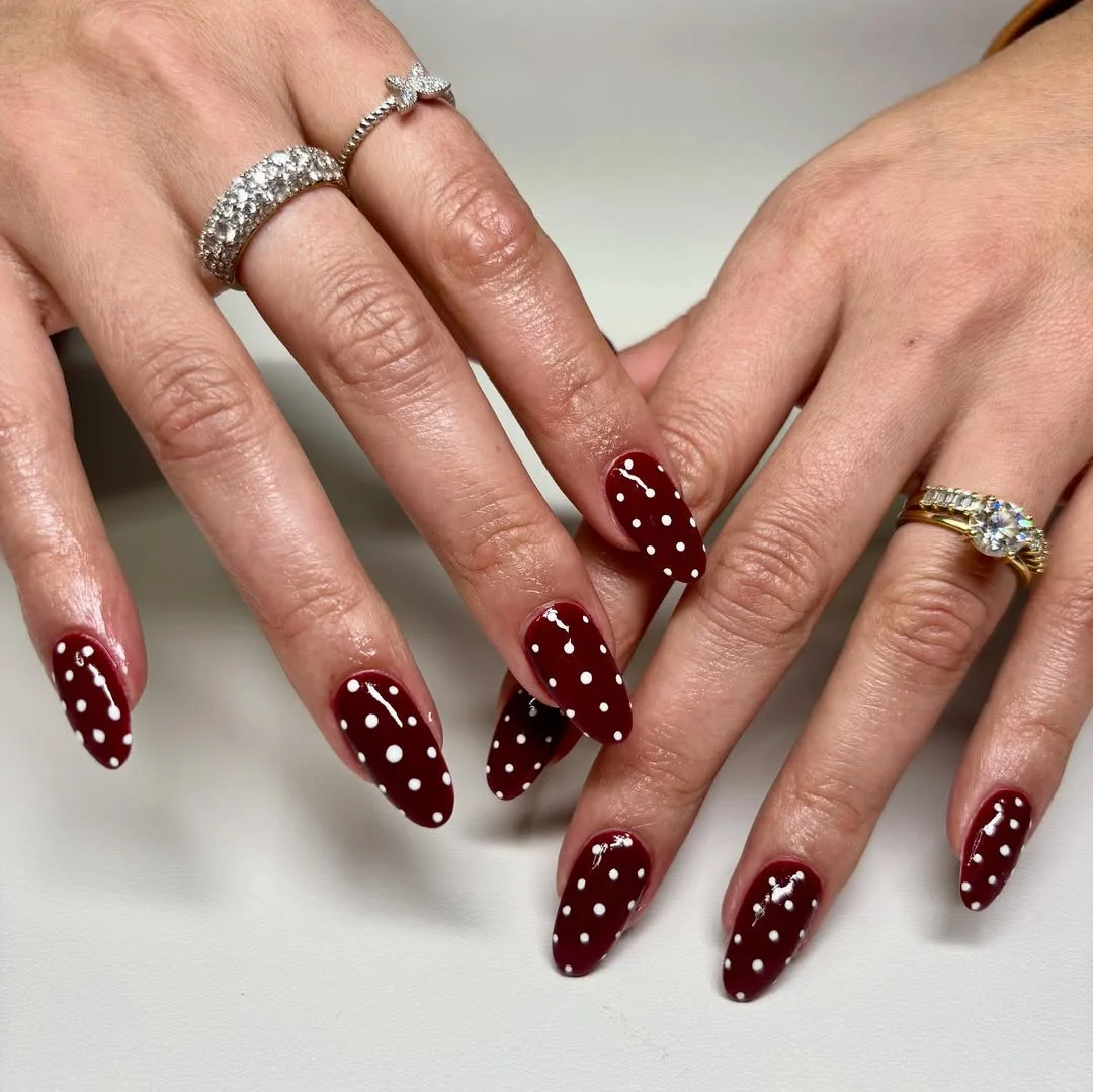 polka dot summer nails 2026 Glossy Burgundy Dots For A Rich Summer Statement