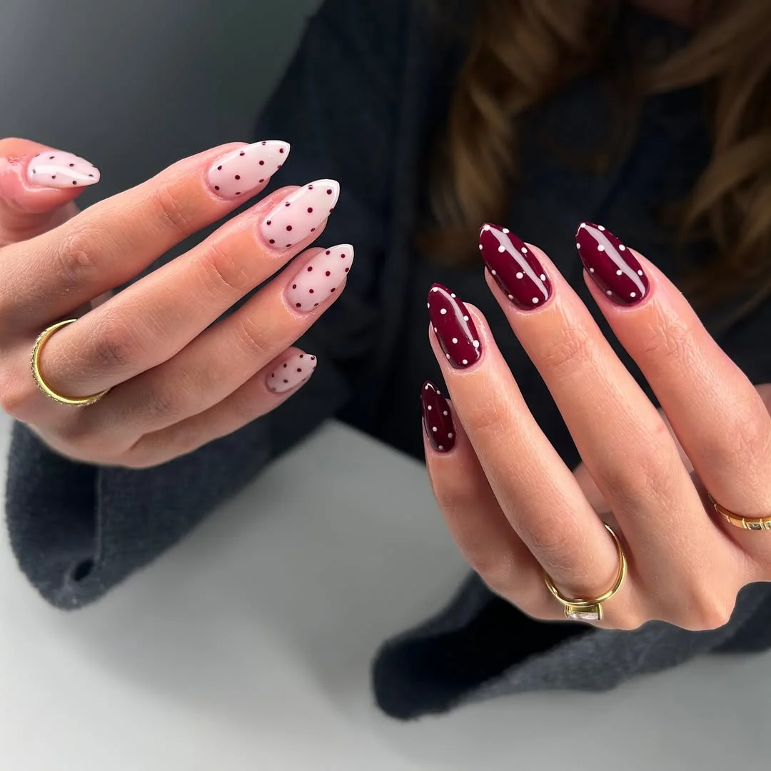 polka dot summer nails 2026 Soft Blush And Burgundy Dots In A Chic Mismatched Pairing