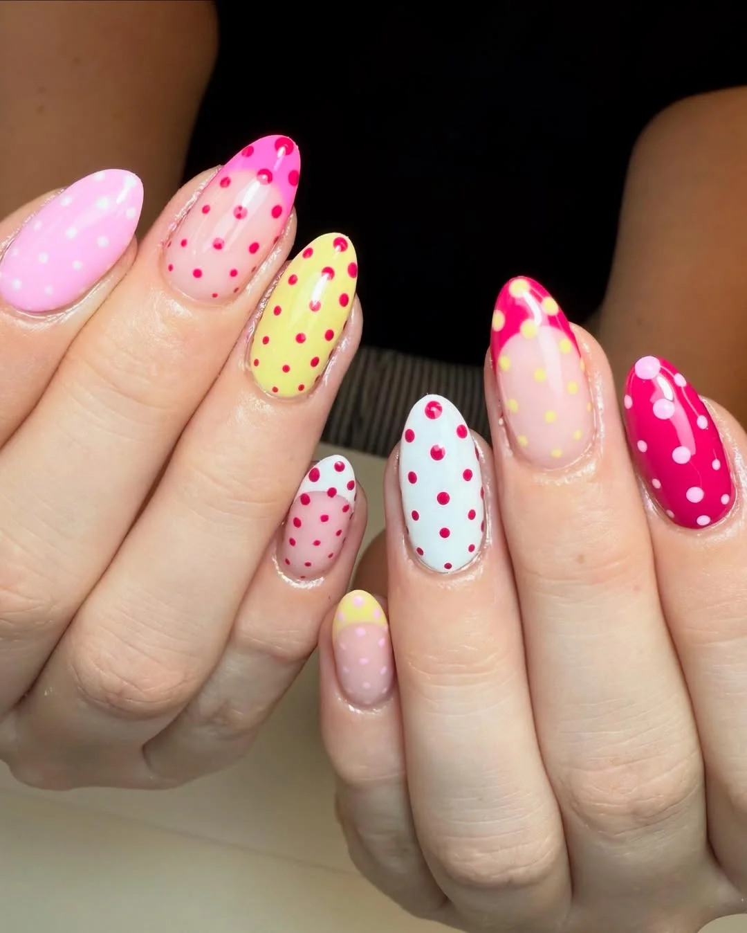 polka dot summer nails 2026 Candy Pink And Lemon Dot Mix For Bright Vacation Nails