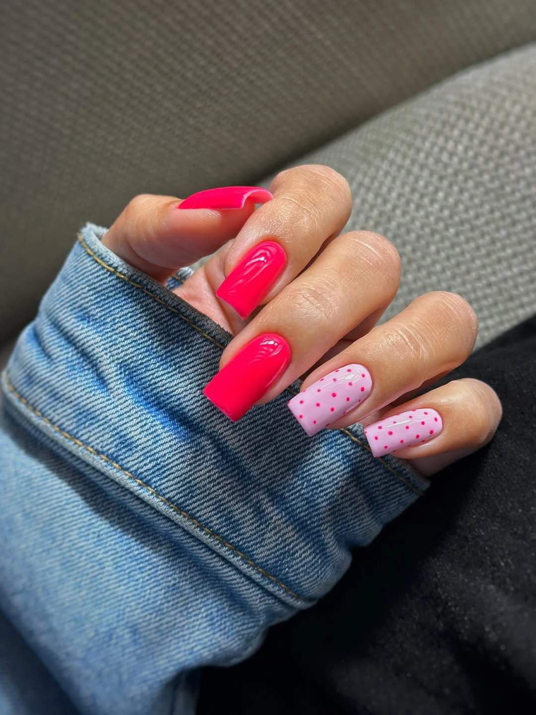 polka dot summer nails 2026 Hot Pink Square Nails With A Polka Dot Accent