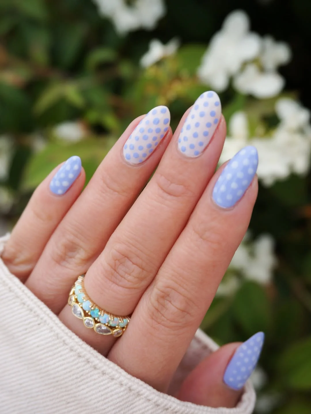 polka dot summer nails 2026 Soft Blue Almond Dots For A Fresh Summer Mood