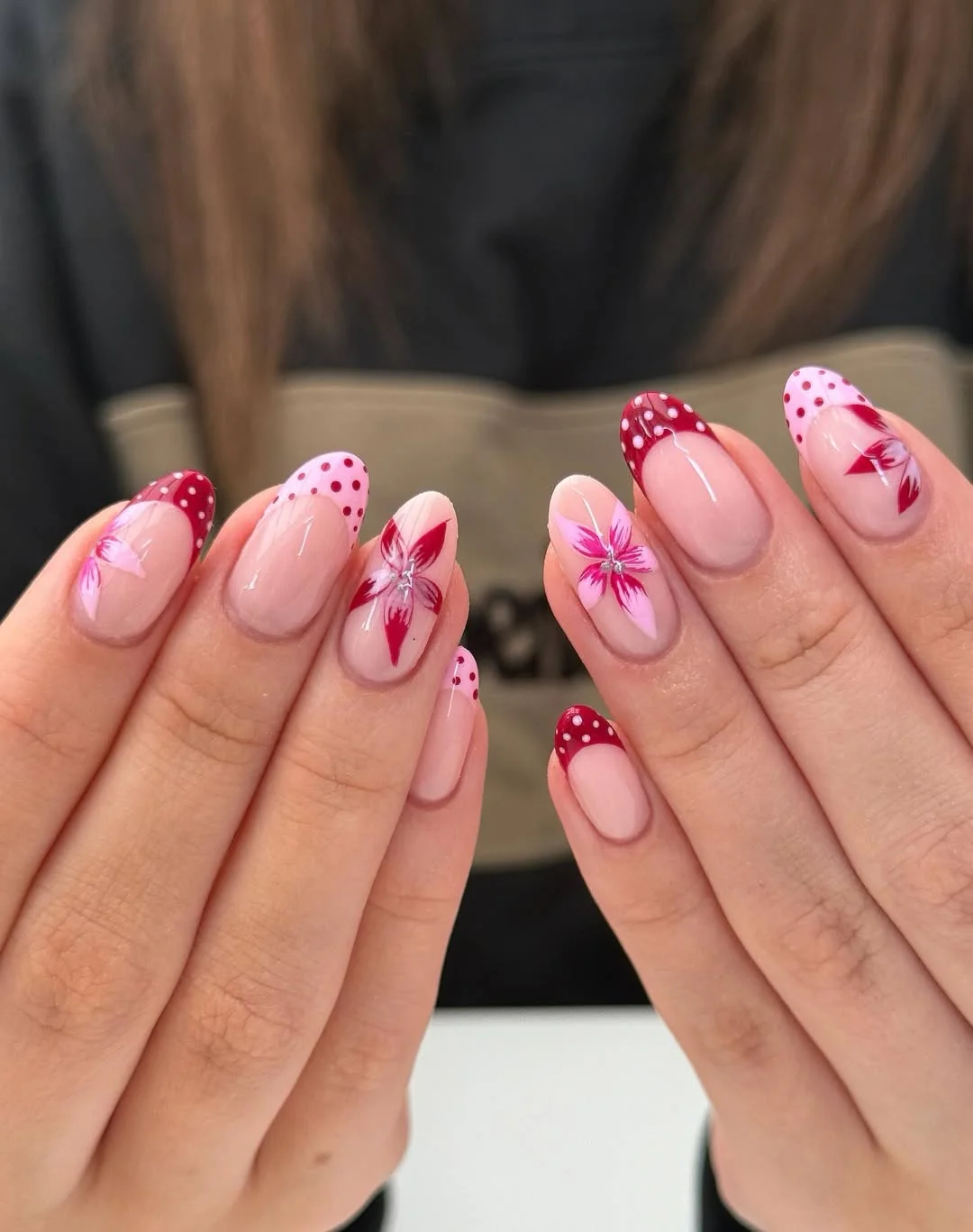 polka dot summer nails 2026 Berry Red Floral French With Polka Dot Tips