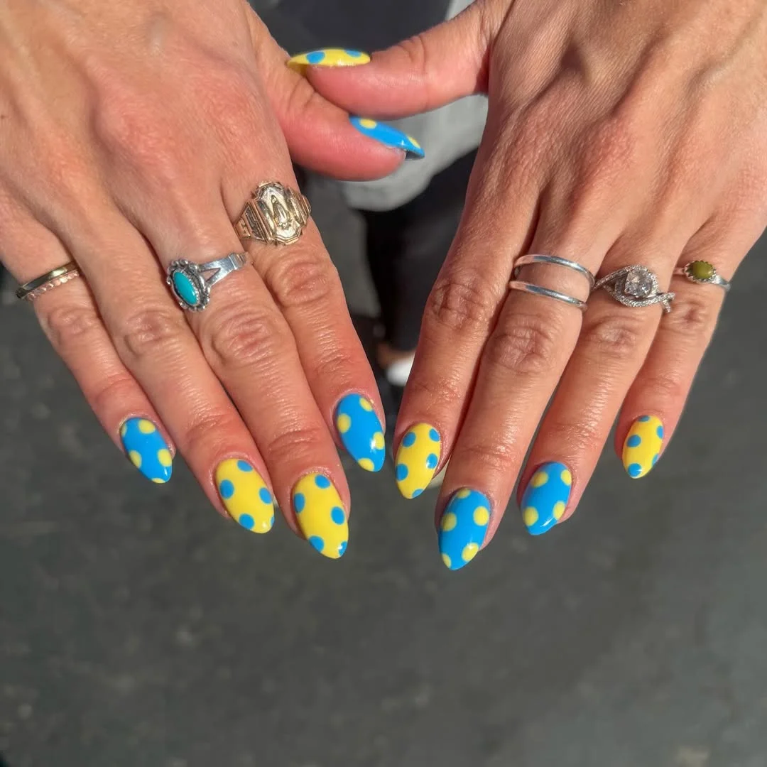 polka dot summer nails 2026 Electric Blue And Yellow Polka Dots For A Bold Summer Mood