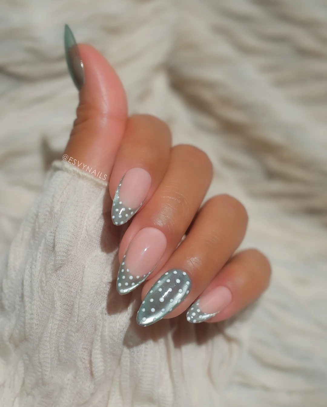 polka dot summer nails 2026 Silver Chrome French Tips With Soft White Dots