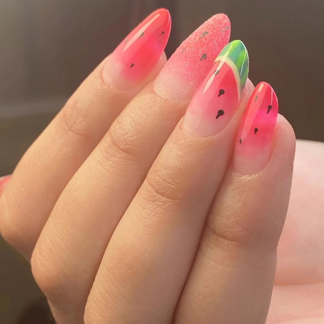 short gel nails summer 2026 Watermelon Almond Gel Nails With A Fresh Pink Ombre