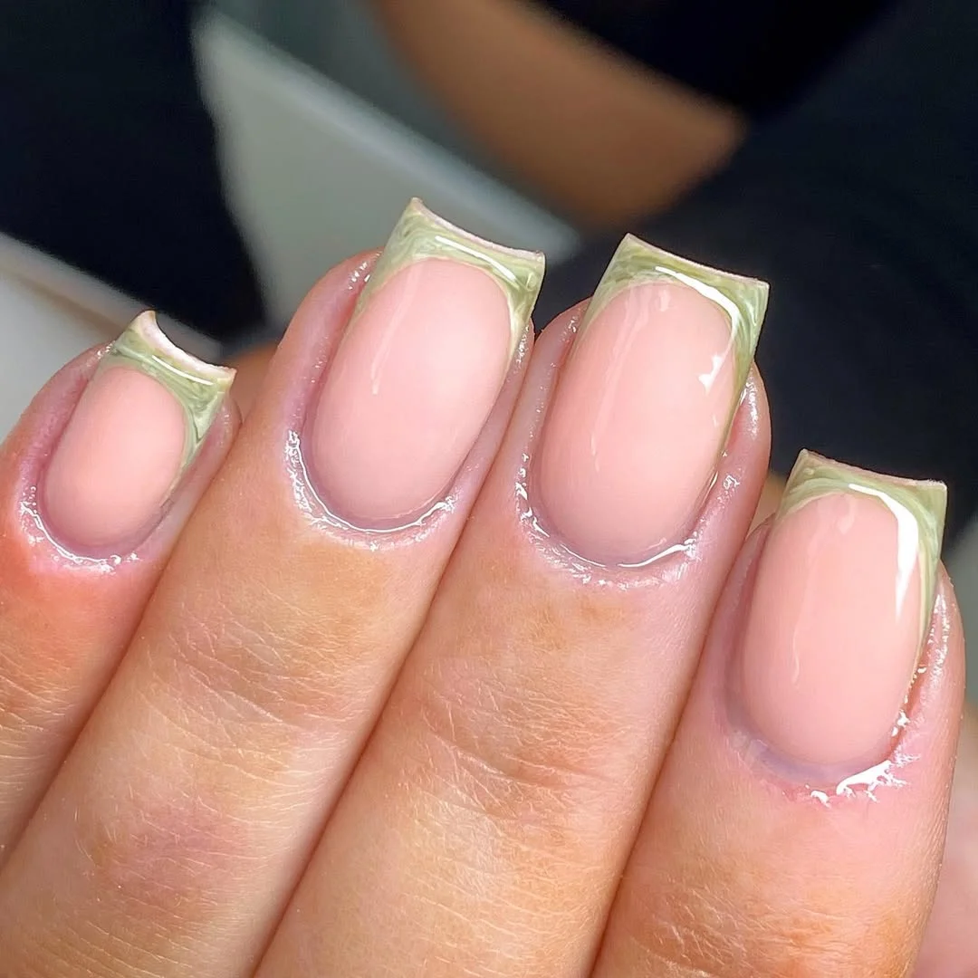 short gel nails summer 2026 Sage Marble French Tips On Short Square Gel Nails