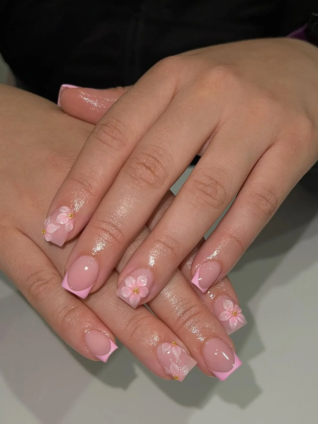 short gel nails summer 2026 Pink 3D Flower French Nails With A Soft Square Shape